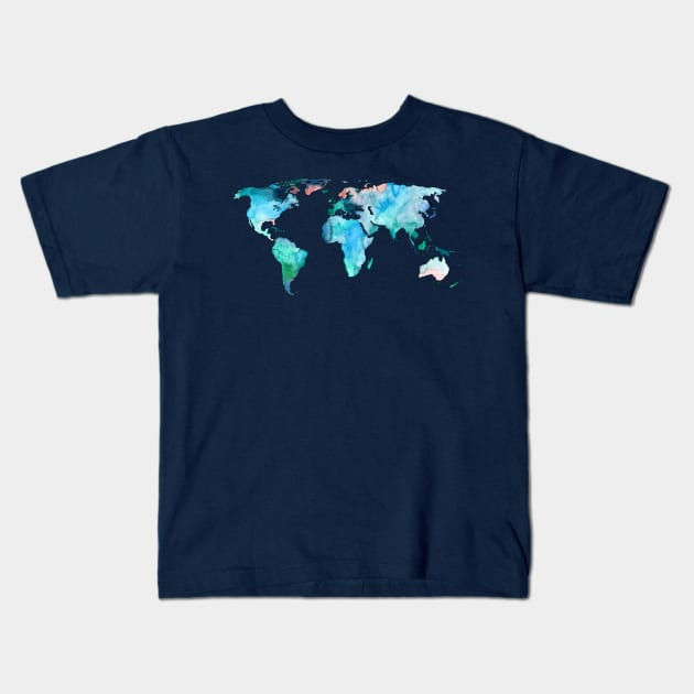 World Map in Indigo, Teal and Blush Pink Kids T-Shirt by Gingerlique